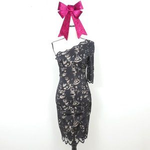 H&M Black Lace Nude Liner One Shoulder Mid Sleeve Size Small Form Fitting Dress